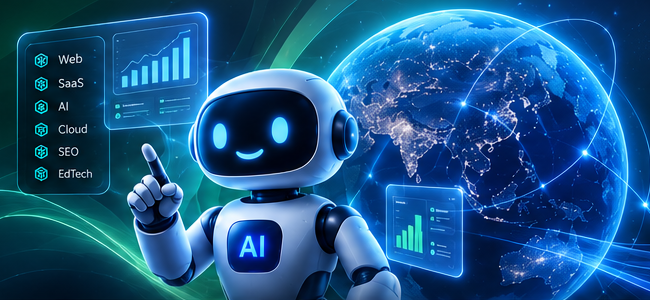 AI robot beside a connected digital globe and technology dashboards