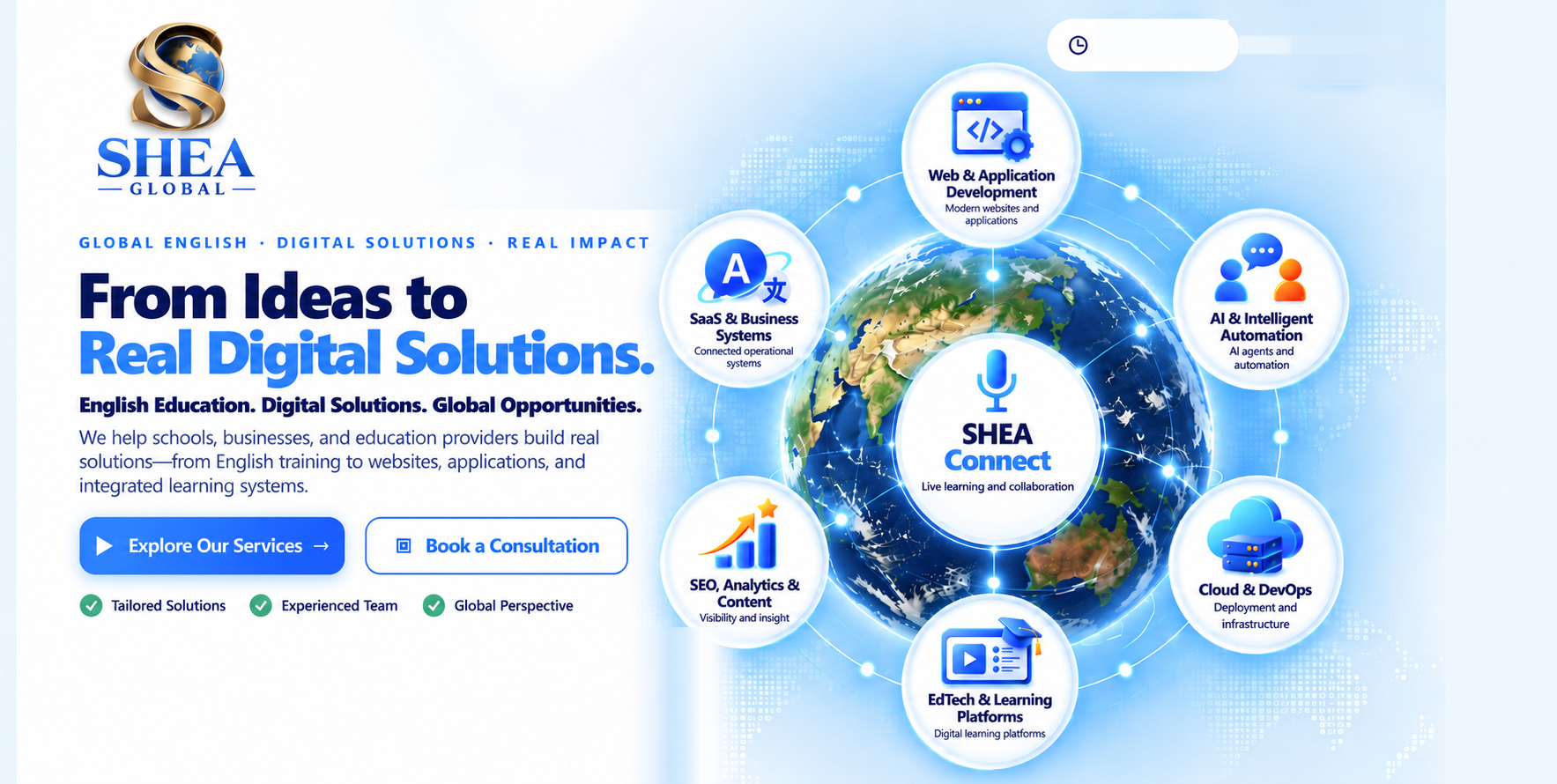 SHEA GLOBAL hero with a realistic connected Earth, SHEA Connect and six Digital Solutions categories.